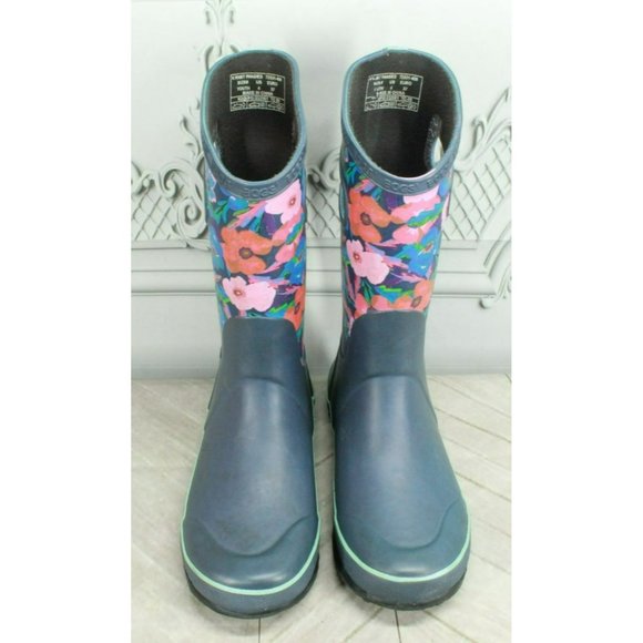 Bogs Pansies Blue Rubber Pull On Floral Waterproof Rain Boots Size 4 Youth - Picture 5 of 9